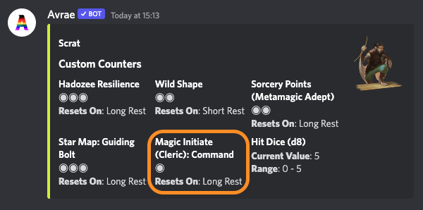 Avrae custom counter output showing Magic Initiate - Command counter